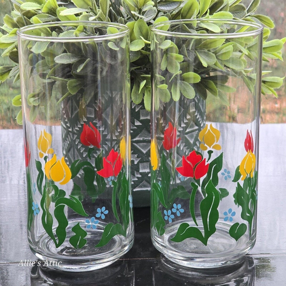 2 Vintage Drinking‎ Glasses Red Blue Yellow Tulip Iris Daffodil Colorful Flowers